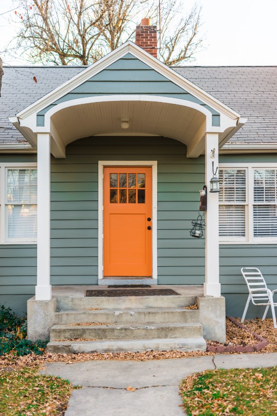 orange front door aqua exterior