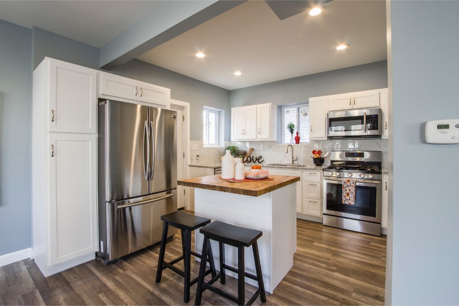 slate blue kitchen white cabinets