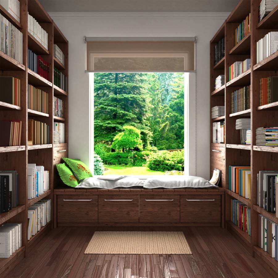 reading nook wood bookshelves