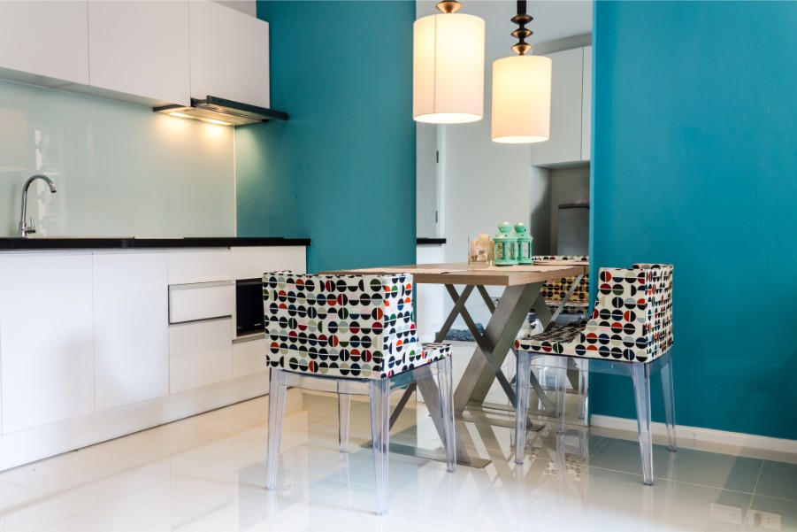 teal accent wall kitchen