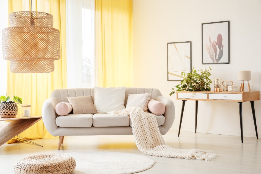 simple living room with yellow curtains