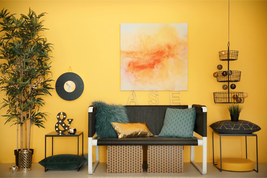 yellow orange living room