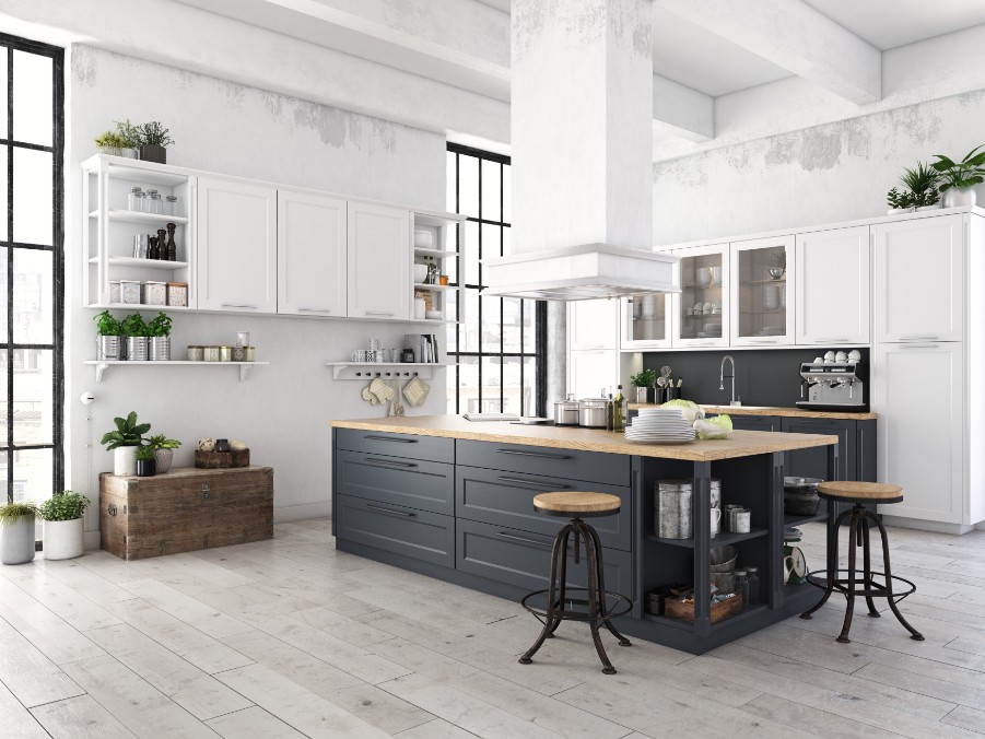 industrial kitchen with black gray island