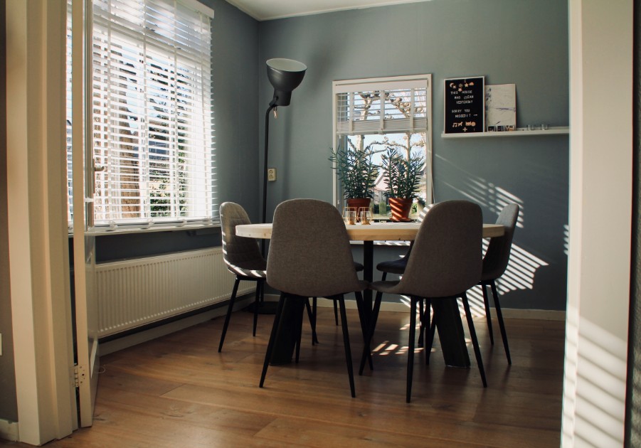 eating dining nook gray teal walls