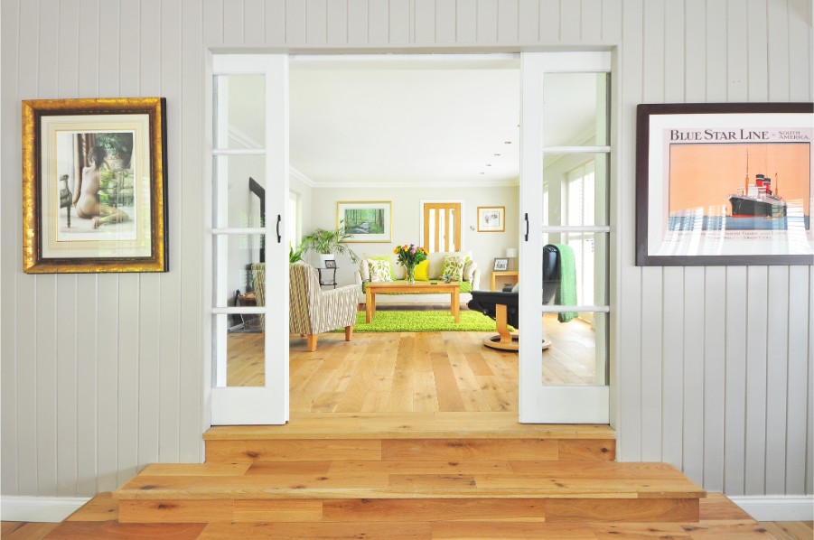 split level living room gray