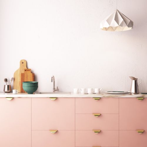 pink cabinets and light pink wall paint