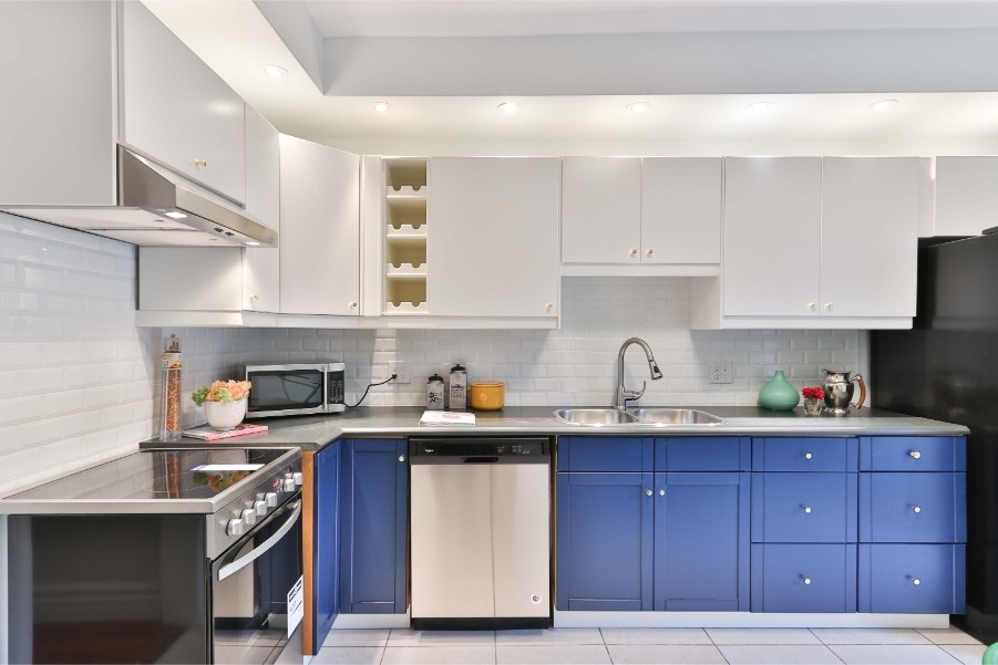 two tone cabinets white blue