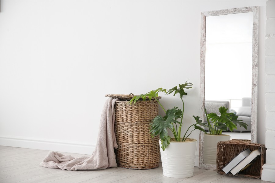 white bedroom with hamper