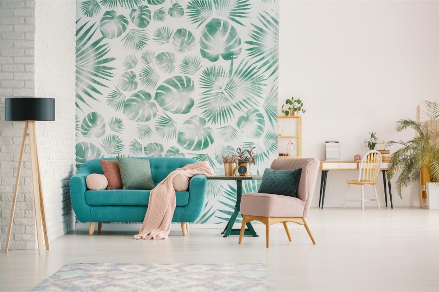 leafy green wallpaper accent wall