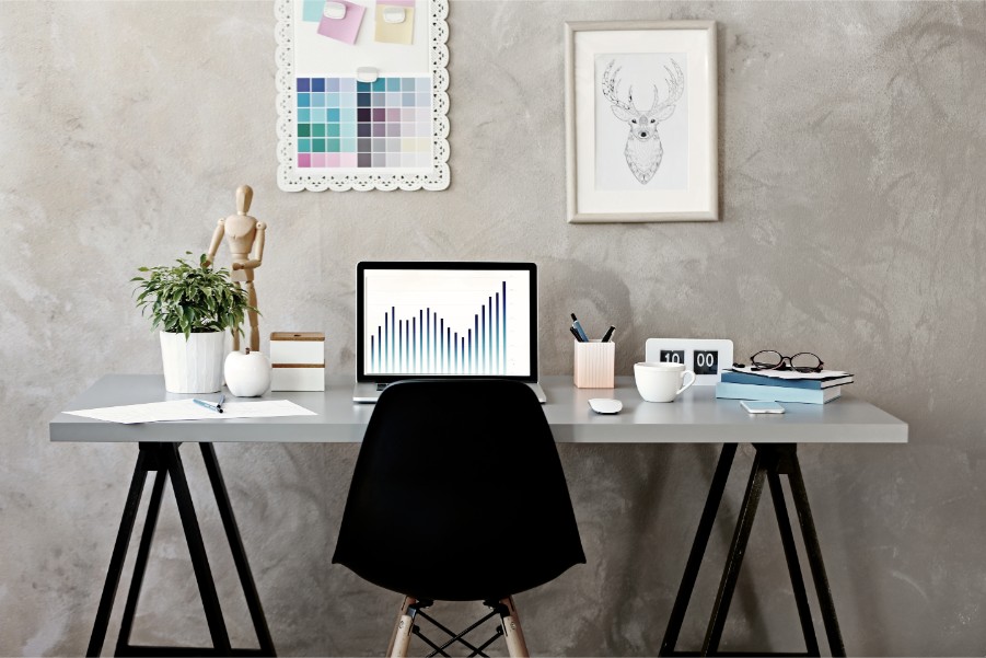 desk against gray wall