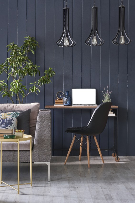 desk in living room dark gray blue paint