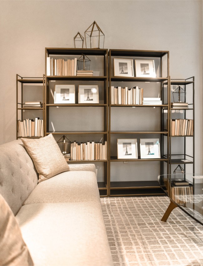 bookshelves beige living room