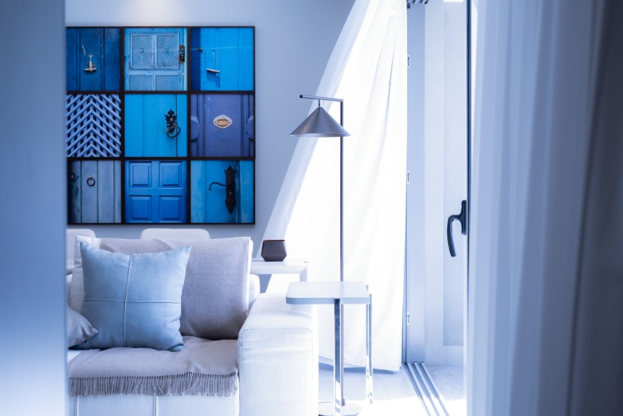 different shades of blue living room - house den