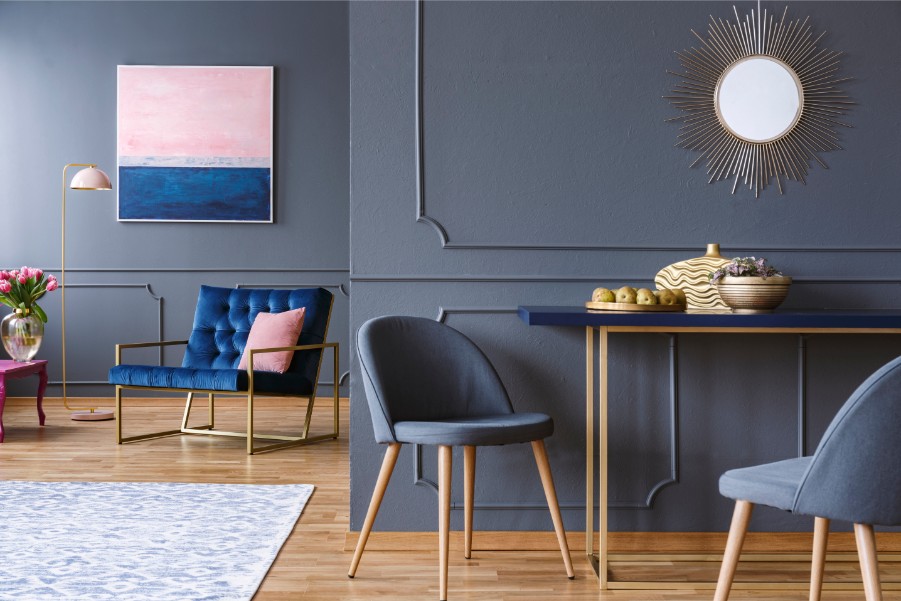 dark gray blue wall with dining