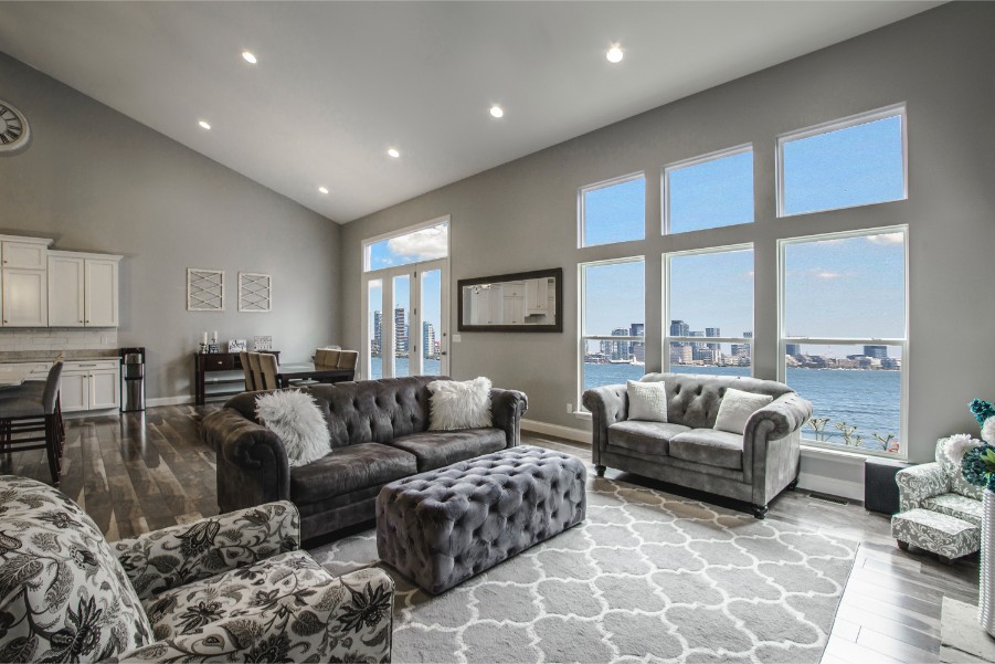 open concept living room gray
