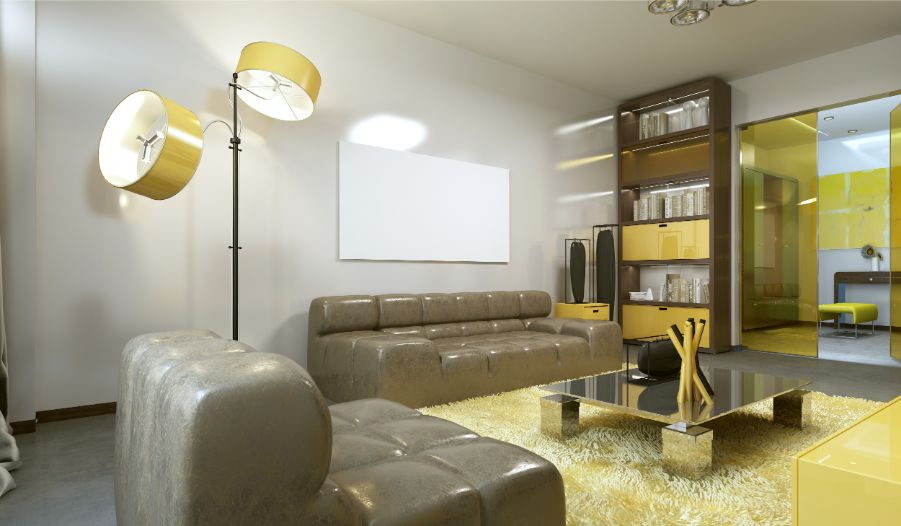 70s style living room yellow accent