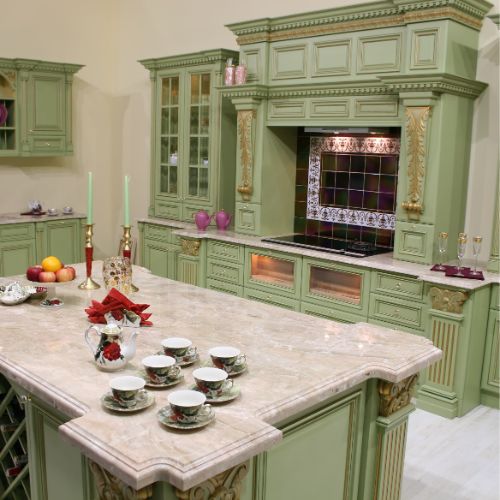 green kitchen cabinets ornate