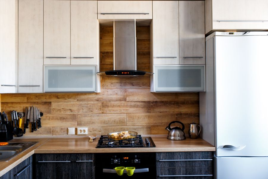 wooden backsplash counter kitchen