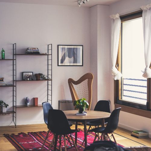 light soft purple dining nook with natural light