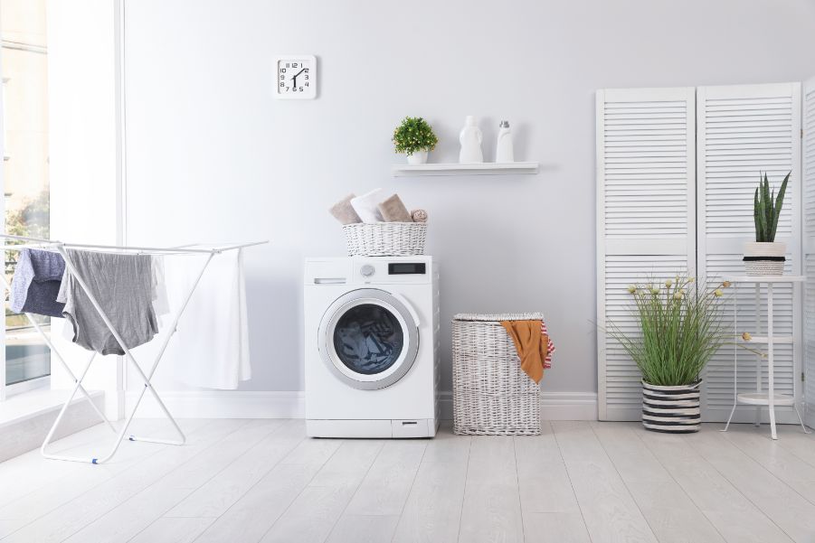 gray painted laundry room