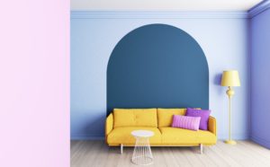 Colorful interior with arches. Interior layout with furniture. 3